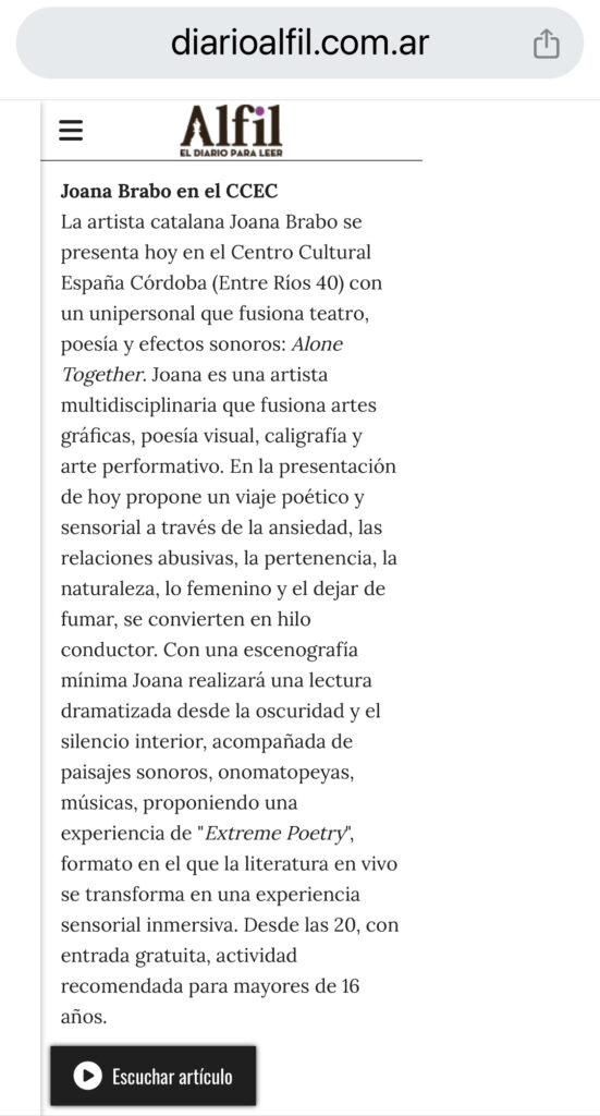 06. PRENSA ALONE TOGETHER JOANABRABO Diario AlfilArg 2025 DIARIO ALFIL ARG