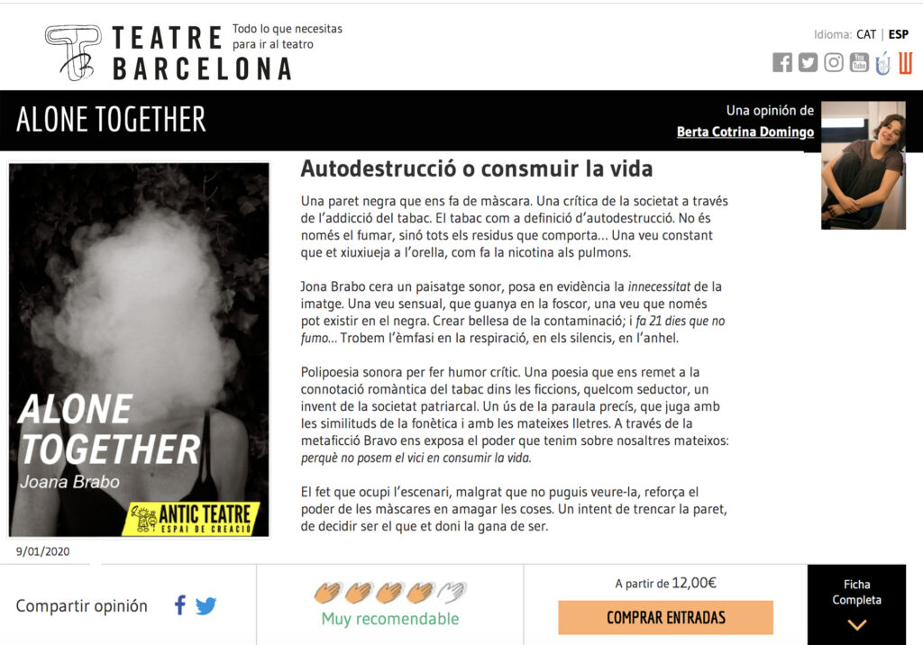 PRENSA ALONE TOGETHER Joana Brabo TEATREBCN Berta Cotrina