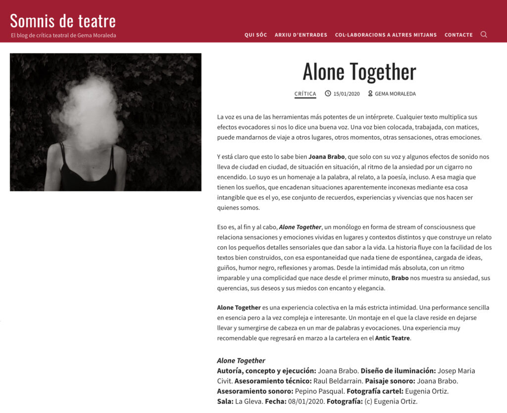 PRENSA ALONE TOGETHER Joana Brabo GEMMA MORALEDA