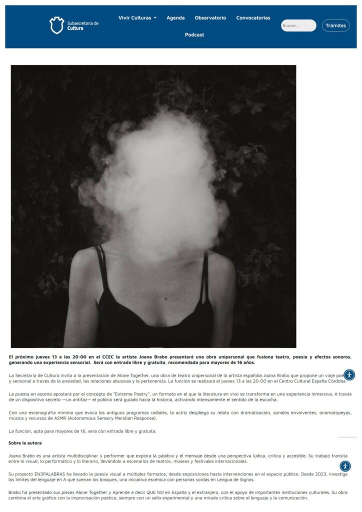 prensa Alone Together JOANA BRABO cultura Cordona Argentina