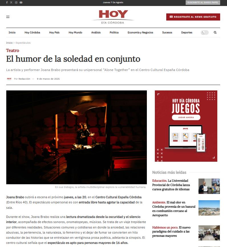 prensa alone together JOANA BRABO hoy dia Cordoba Argentina